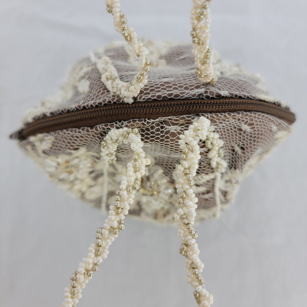 Satin Lace Pearl Bead Brown Ivory/Gold Wedding/Cocktail Small Ball Handbag Purse - Picture 6 of 12
